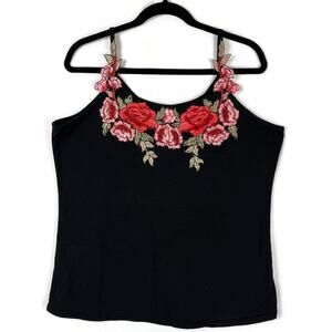 Y2K Rose Floral Applique Camisole Top Black Est Size XL Dark Romantic Goth